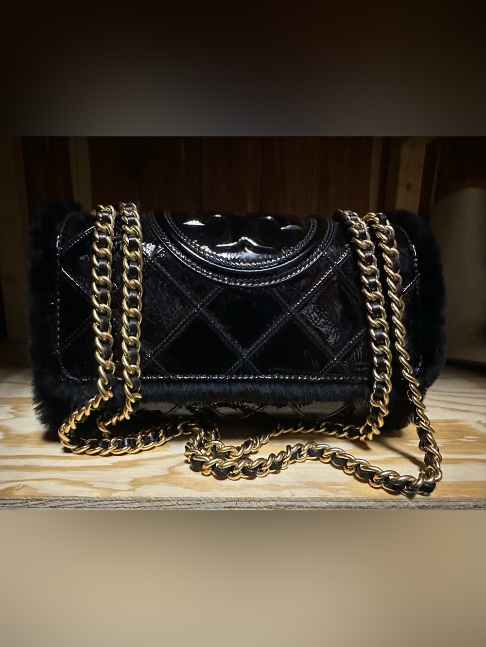 Tory Burch Black Quilted Patent Leather Chain Shoulder Bag